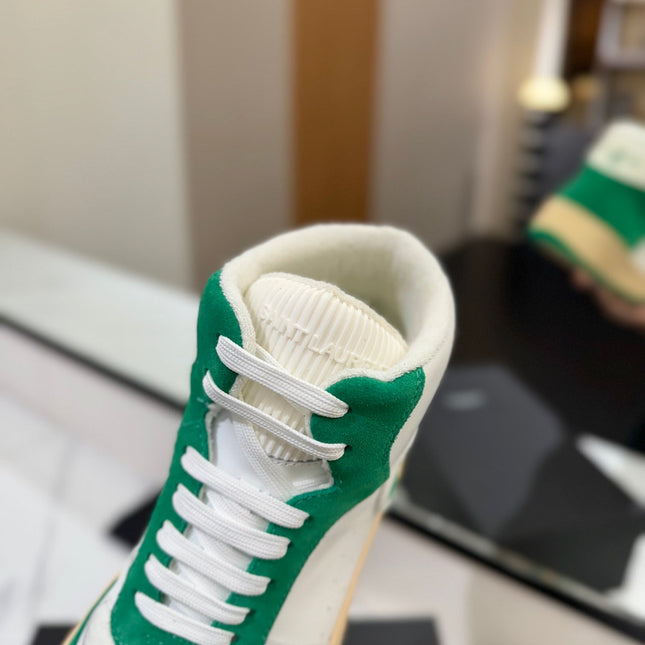 MID-TOP SNEAKERS IN WHITE PERFORATED LAMBSKIN AND GREEN SUEDE