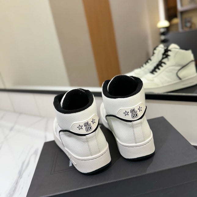 MID-TOP SNEAKERS IN WHITE AND BLACK TRIM PERFORATED LAMBSKIN