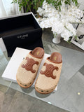CELINE 26S TRIOMPHE MULES IN BEIGE RAFFIA AND BROWN CALFSKIN