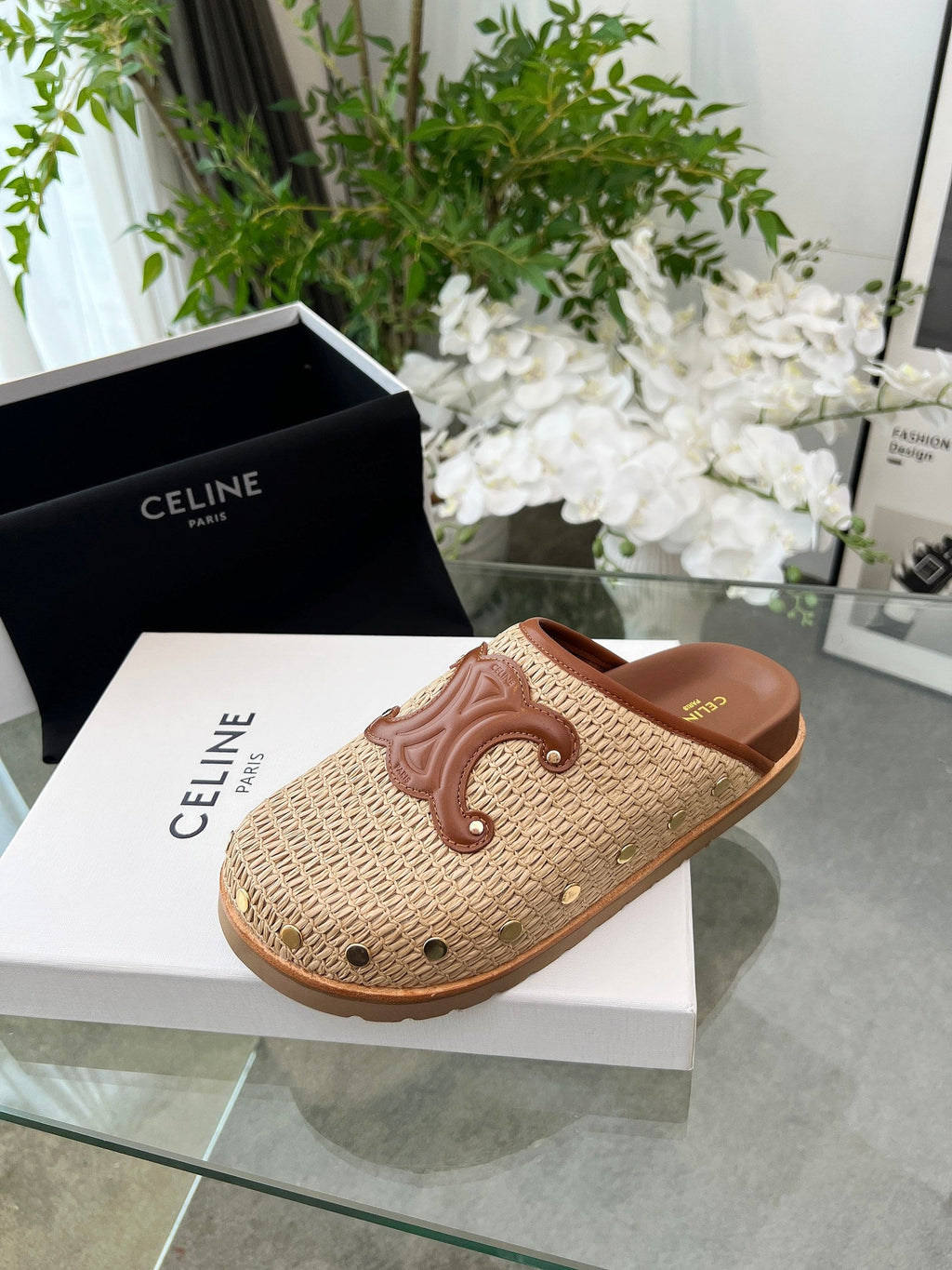 CELINE 26S TRIOMPHE MULES IN BEIGE RAFFIA AND BROWN CALFSKIN