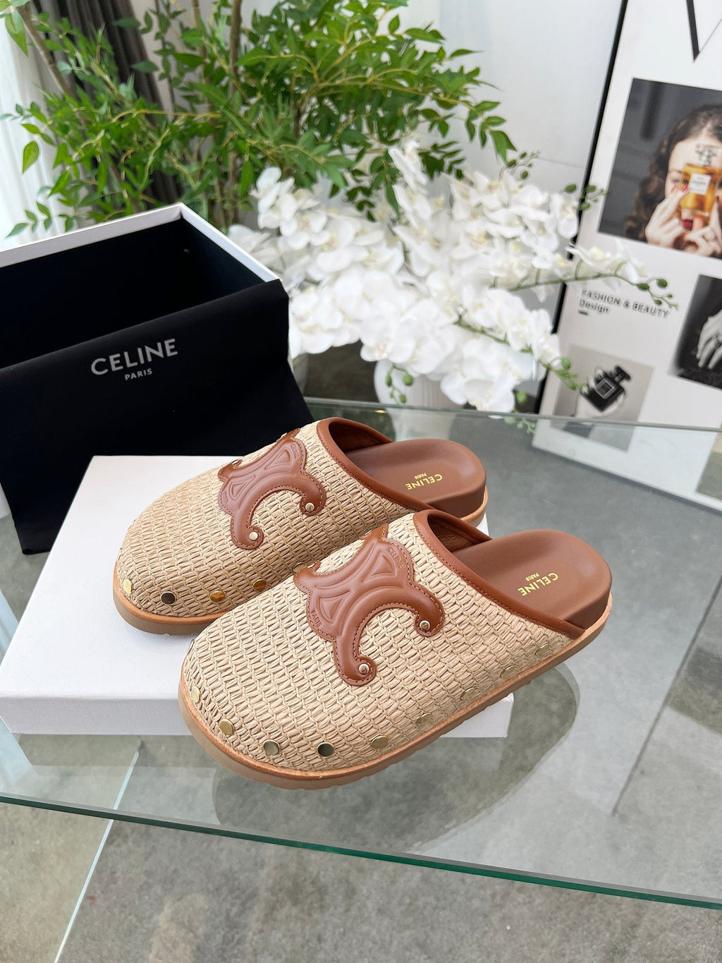CELINE 26S TRIOMPHE MULES IN BEIGE RAFFIA AND BROWN CALFSKIN