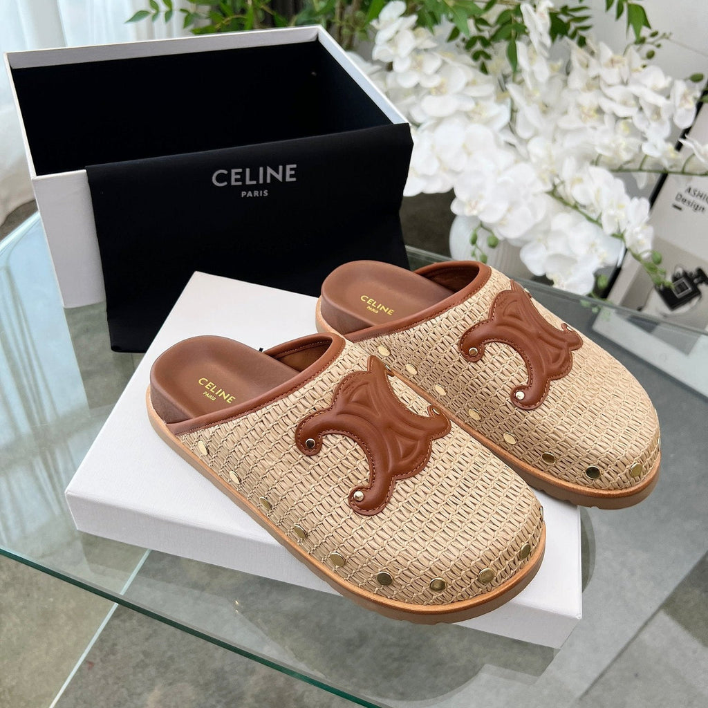CELINE 26S TRIOMPHE MULES IN BEIGE RAFFIA AND BROWN CALFSKIN