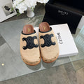 CELINE 26S TRIOMPHE MULES IN BEIGE RAFFIA AND BLACK CALFSKIN