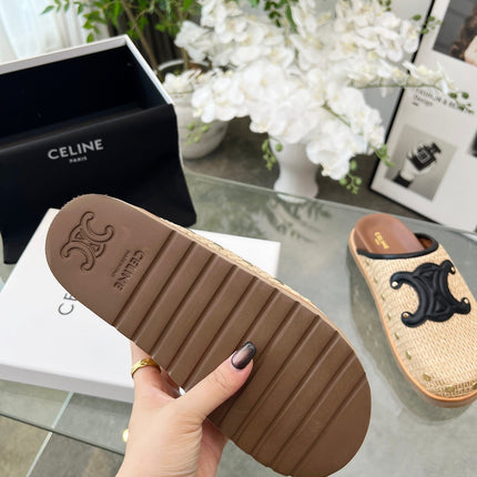 CELINE 26S TRIOMPHE MULES IN BEIGE RAFFIA AND BLACK CALFSKIN