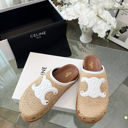 CELINE 26S TRIOMPHE MULES IN BEIGE RAFFIA AND WHITE CALFSKIN