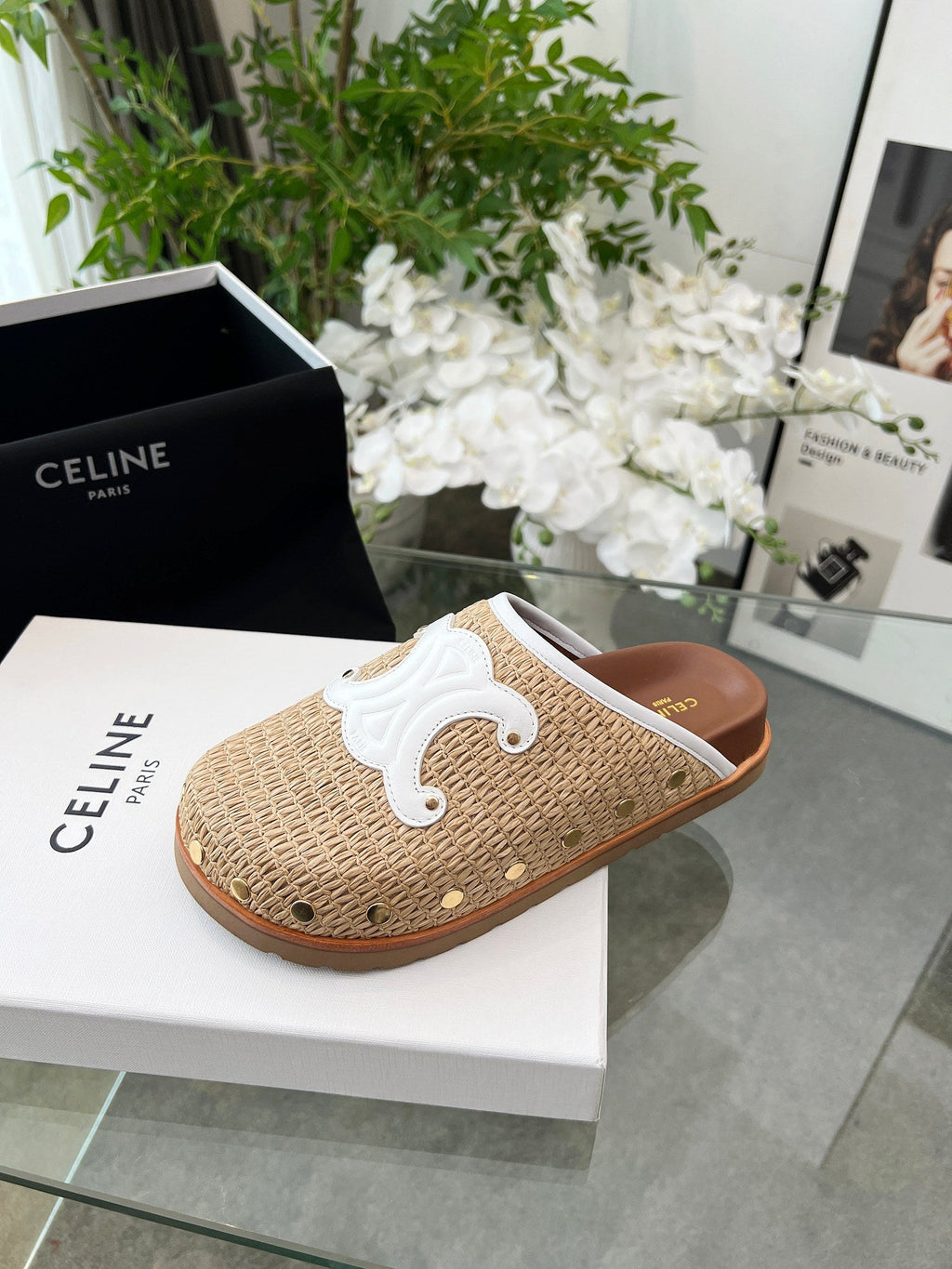 CELINE 26S TRIOMPHE MULES IN BEIGE RAFFIA AND WHITE CALFSKIN