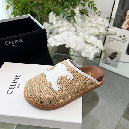 CELINE 26S TRIOMPHE MULES IN BEIGE RAFFIA AND WHITE CALFSKIN