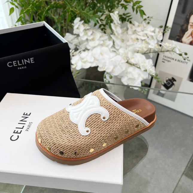 CELINE 26S TRIOMPHE MULES IN BEIGE RAFFIA AND WHITE CALFSKIN