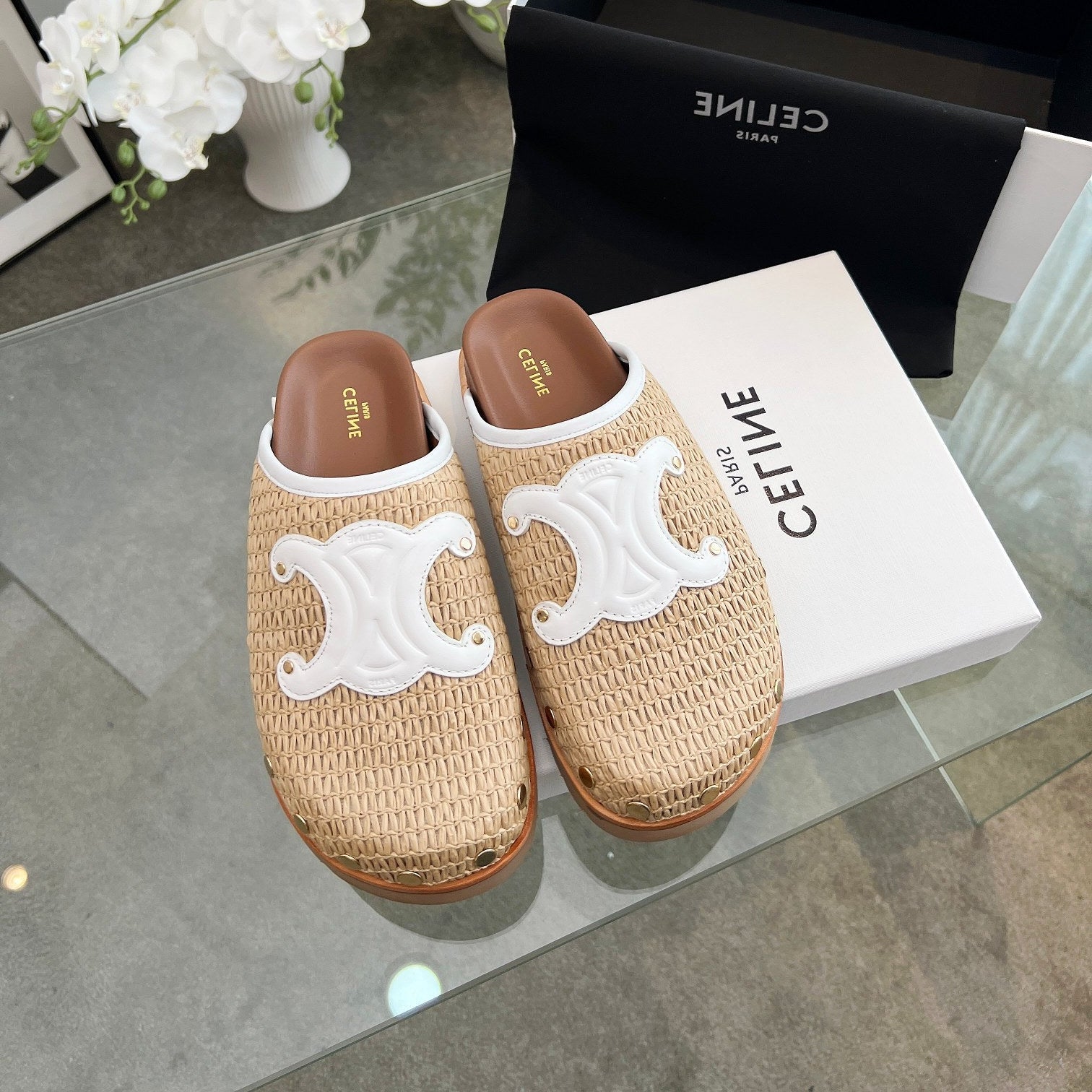 CELINE 26S TRIOMPHE MULES IN BEIGE RAFFIA AND WHITE CALFSKIN