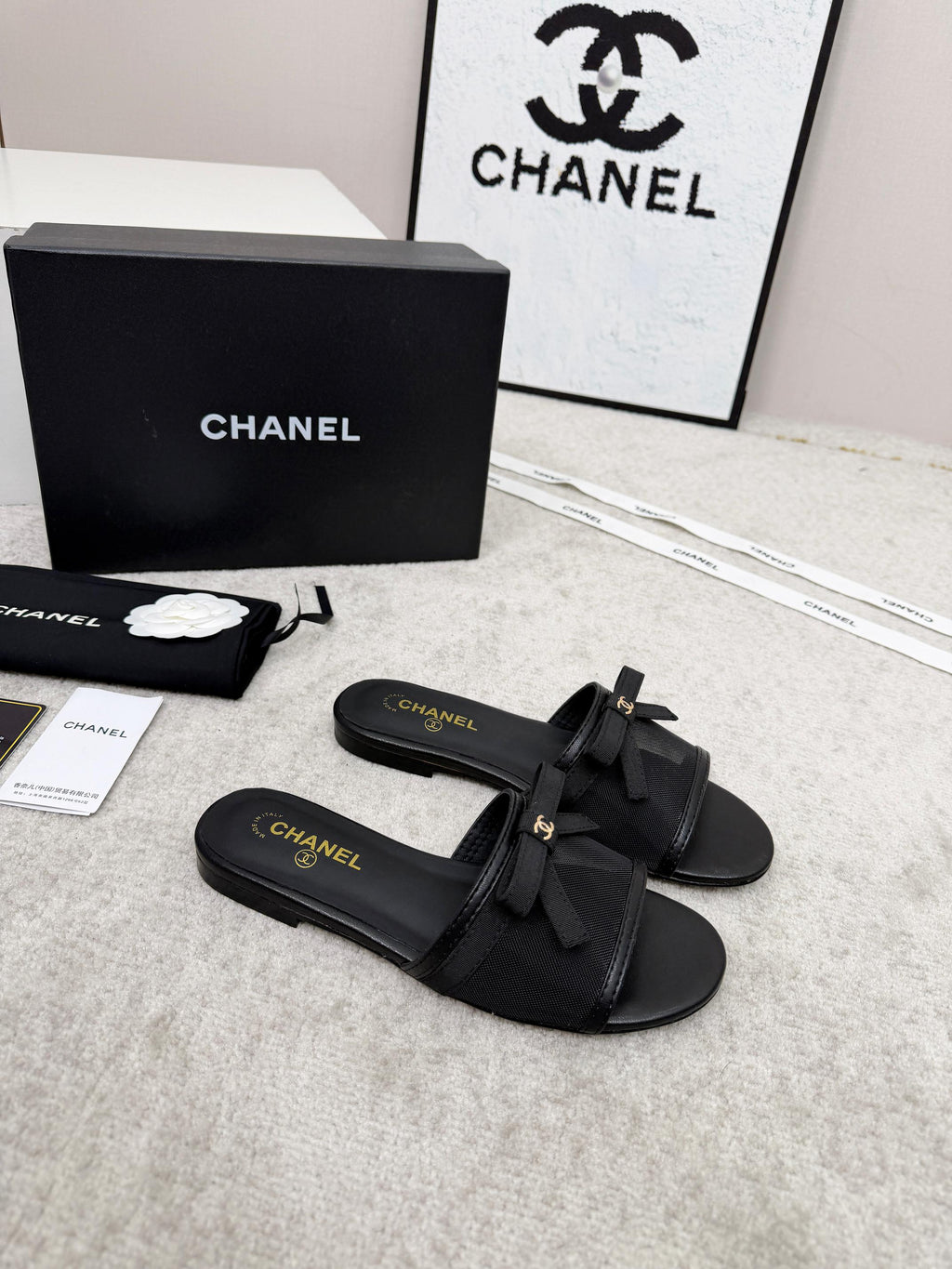 CHANEL 26S SLIDE SANDALS IN BLACK MESH AND CALFSKIN WITH RIBBON