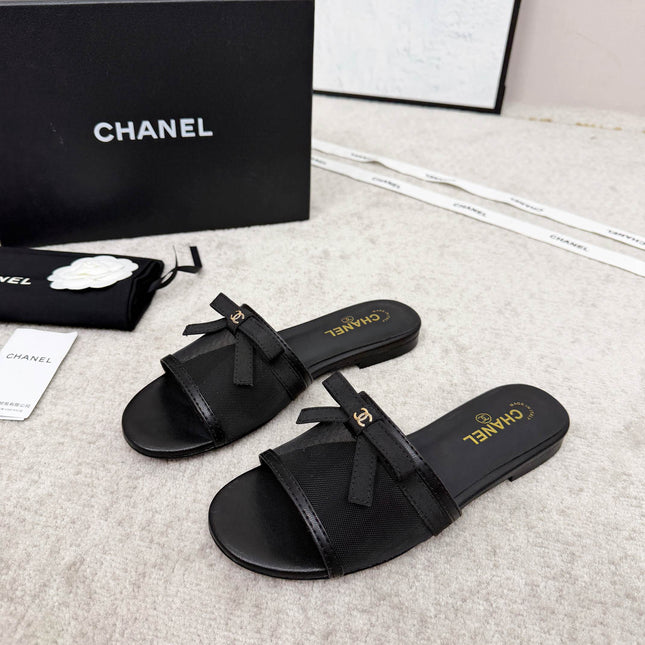 CHANEL 26S SLIDE SANDALS IN BLACK MESH AND CALFSKIN WITH RIBBON