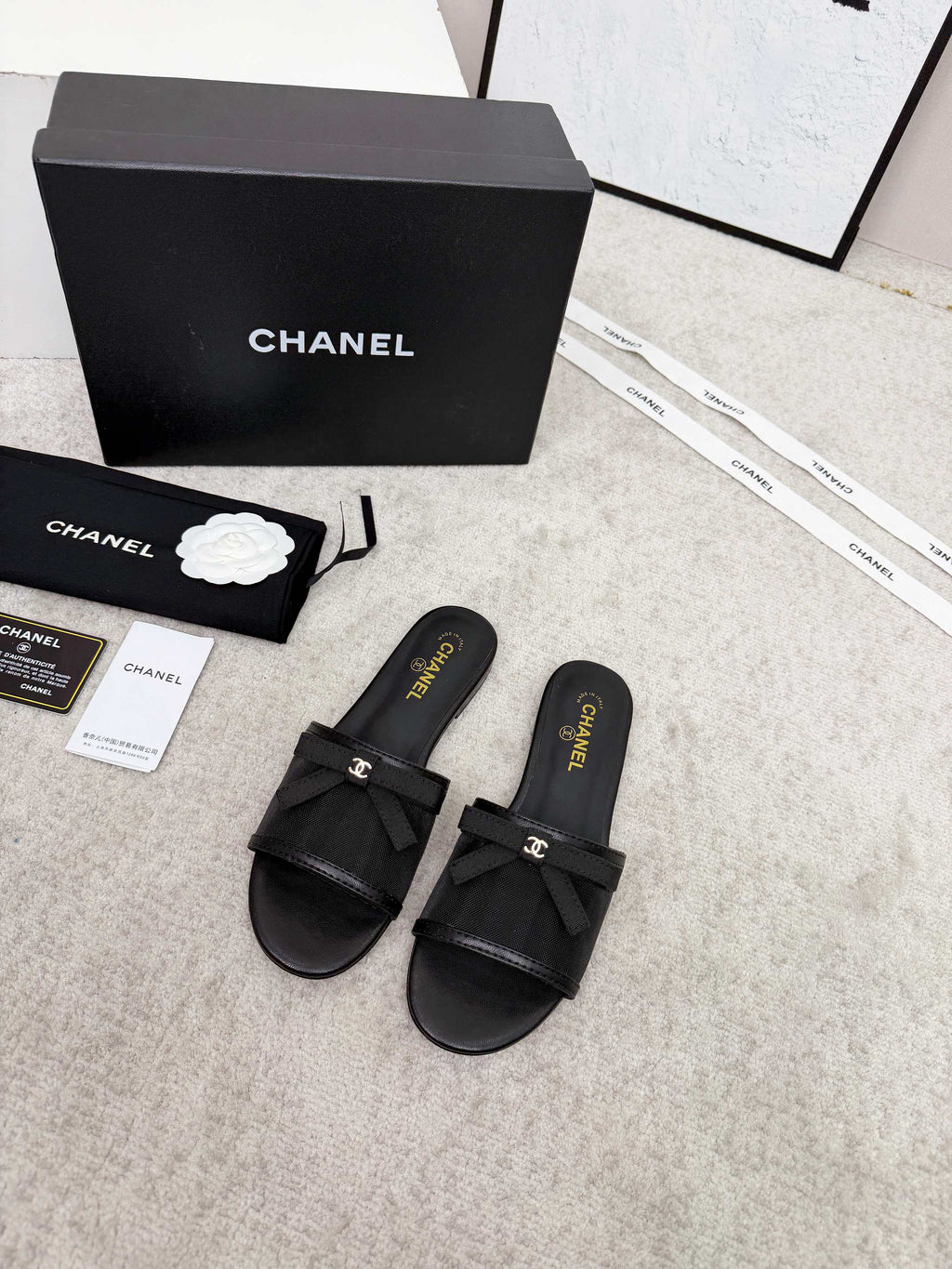 CHANEL 26S SLIDE SANDALS IN BLACK MESH AND CALFSKIN WITH RIBBON