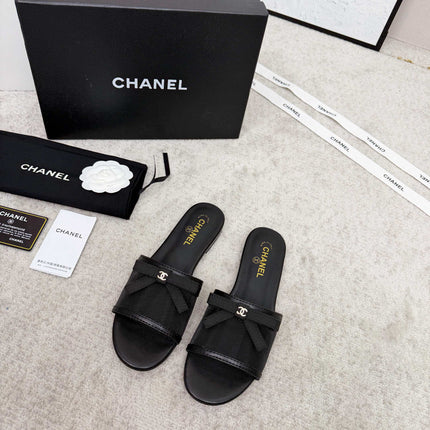 CHANEL 26S SLIDE SANDALS IN BLACK MESH AND CALFSKIN WITH RIBBON