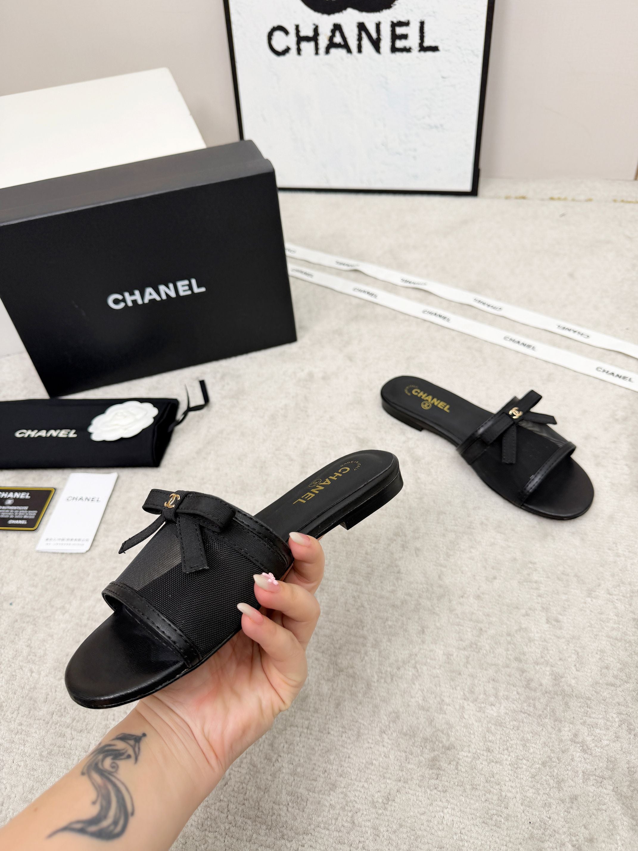 CHANEL 26S SLIDE SANDALS IN BLACK MESH AND CALFSKIN WITH RIBBON