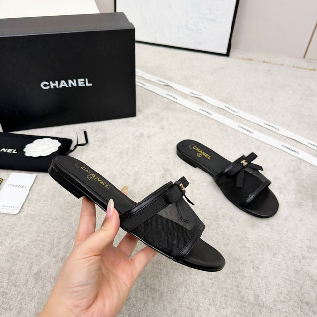 CHANEL 26S SLIDE SANDALS IN BLACK MESH AND CALFSKIN WITH RIBBON