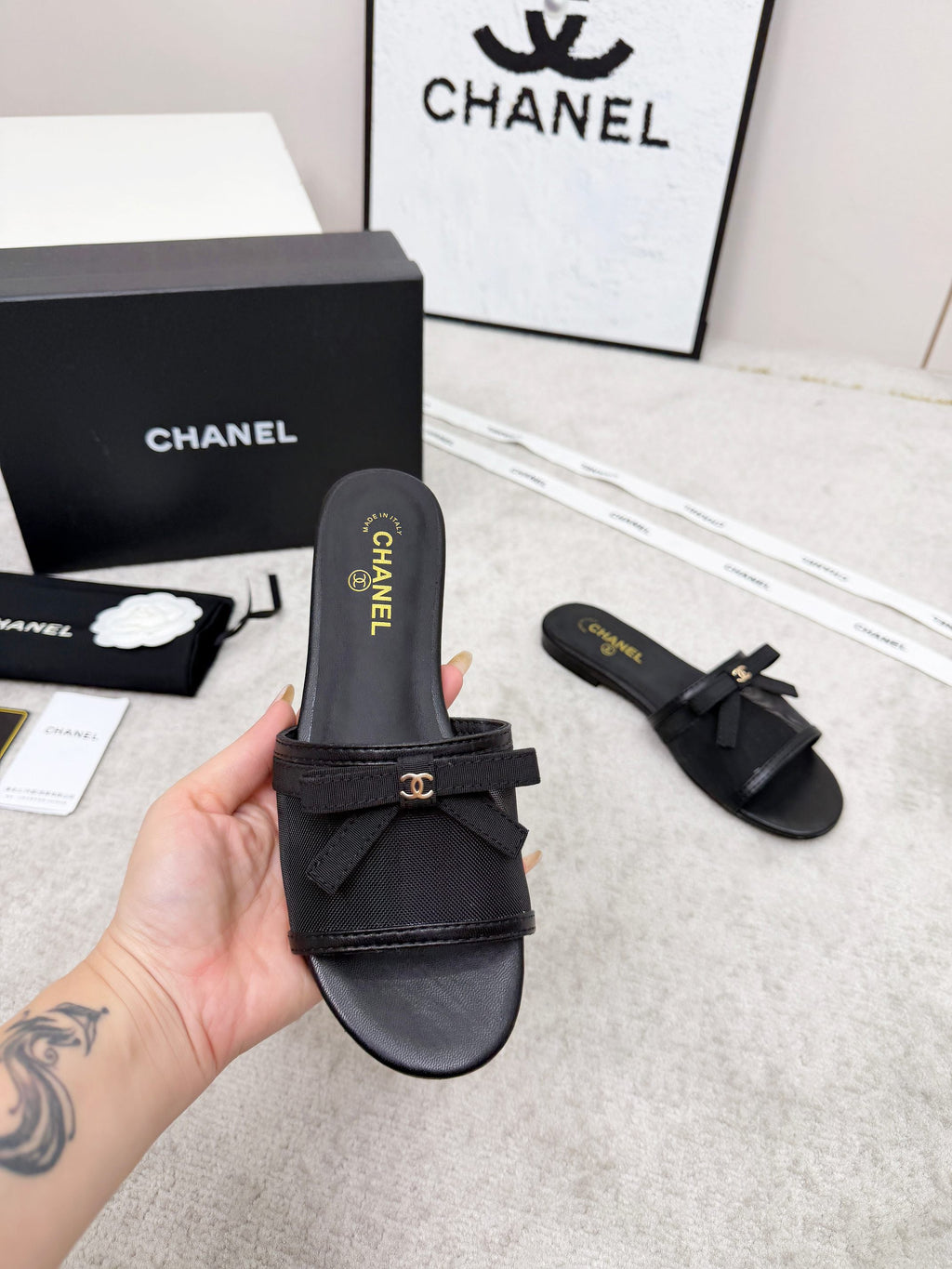 CHANEL 26S SLIDE SANDALS IN BLACK MESH AND CALFSKIN WITH RIBBON