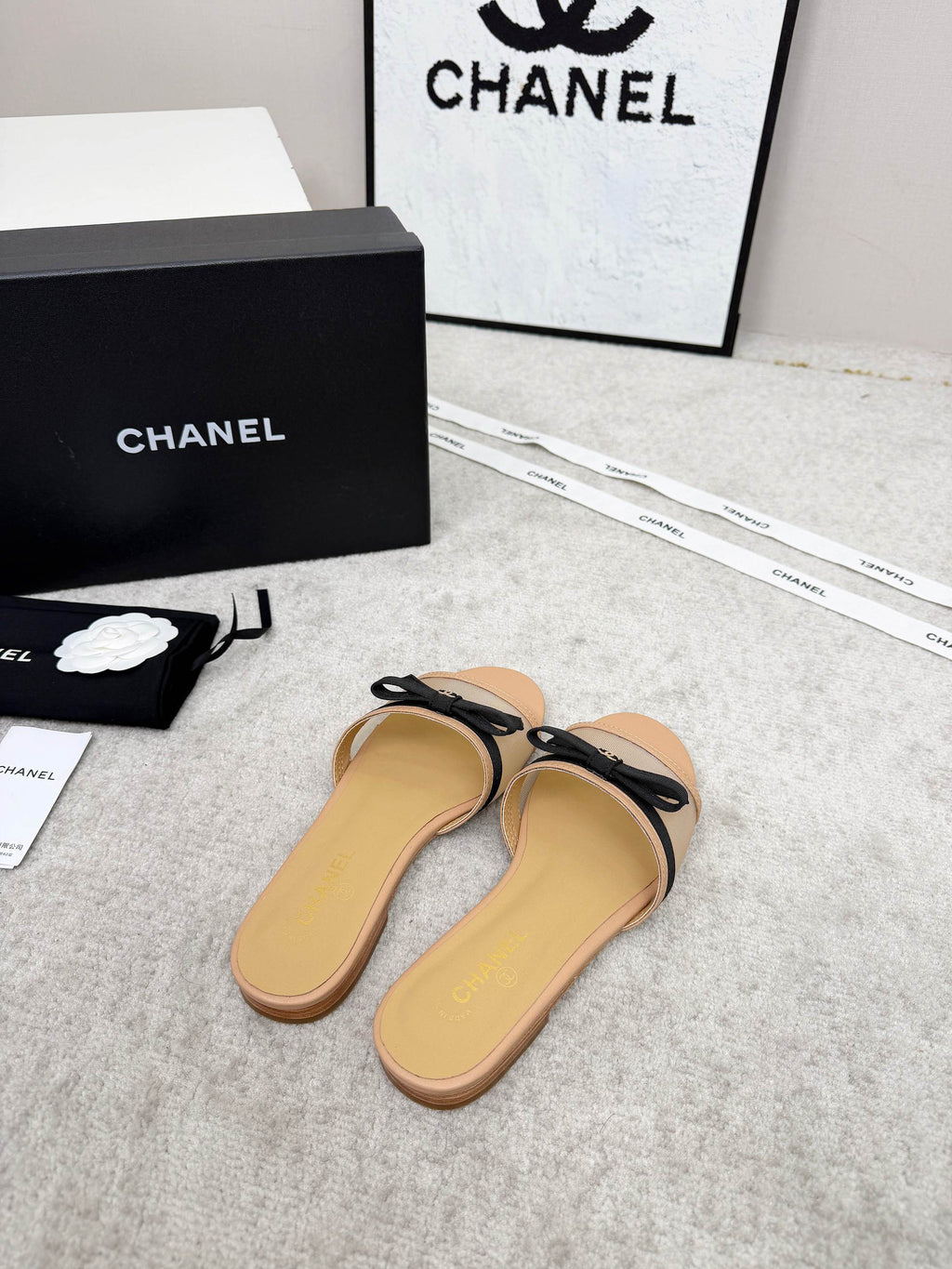 CHANEL 26S SLIDE SANDALS IN BEIGE MESH AND CALFSKIN WITH BLACK RIBBON