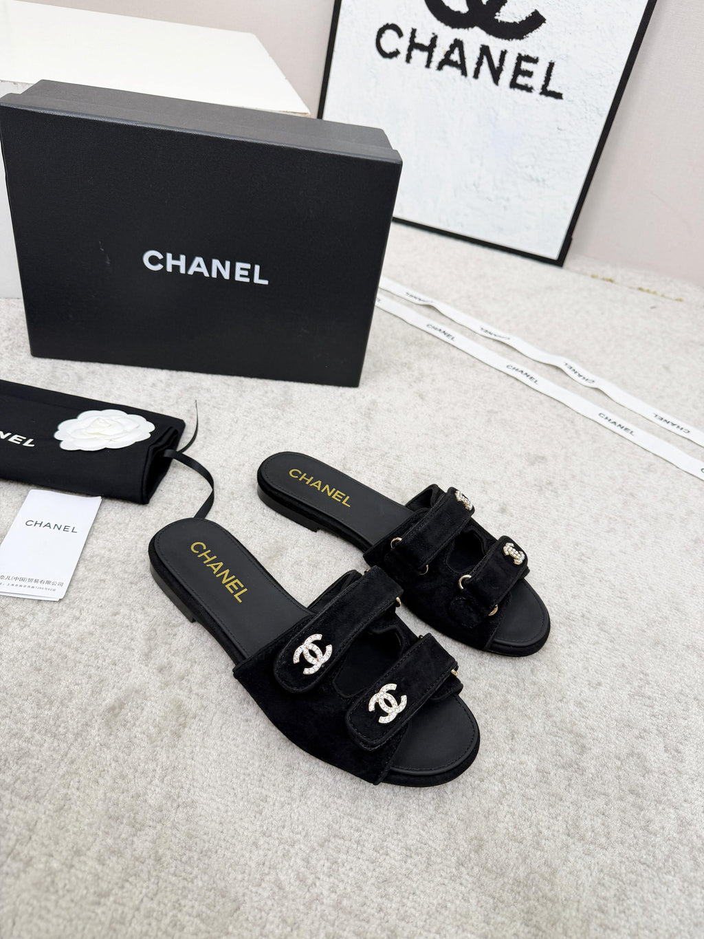 CHANEL 26S DOUBLE STRAP SLIDE SANDALS IN BLACK SUEDE AND CALFSKIN