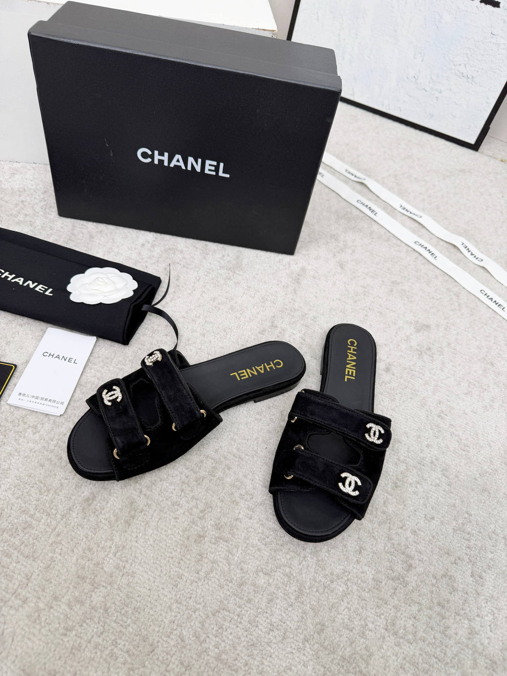 CHANEL 26S DOUBLE STRAP SLIDE SANDALS IN BLACK SUEDE AND CALFSKIN