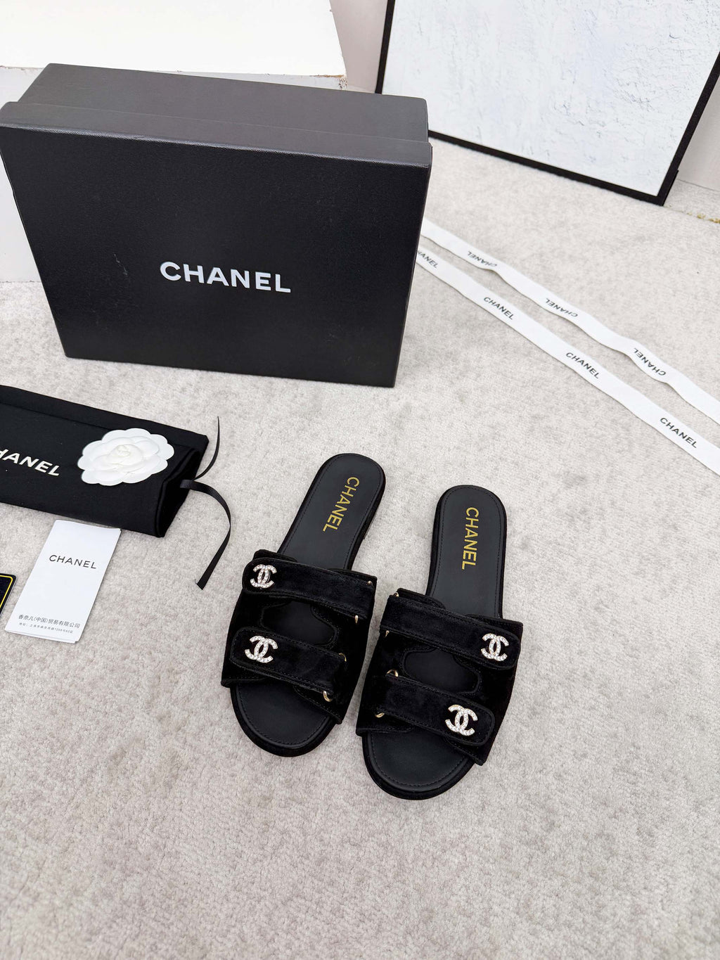 CHANEL 26S DOUBLE STRAP SLIDE SANDALS IN BLACK SUEDE AND CALFSKIN