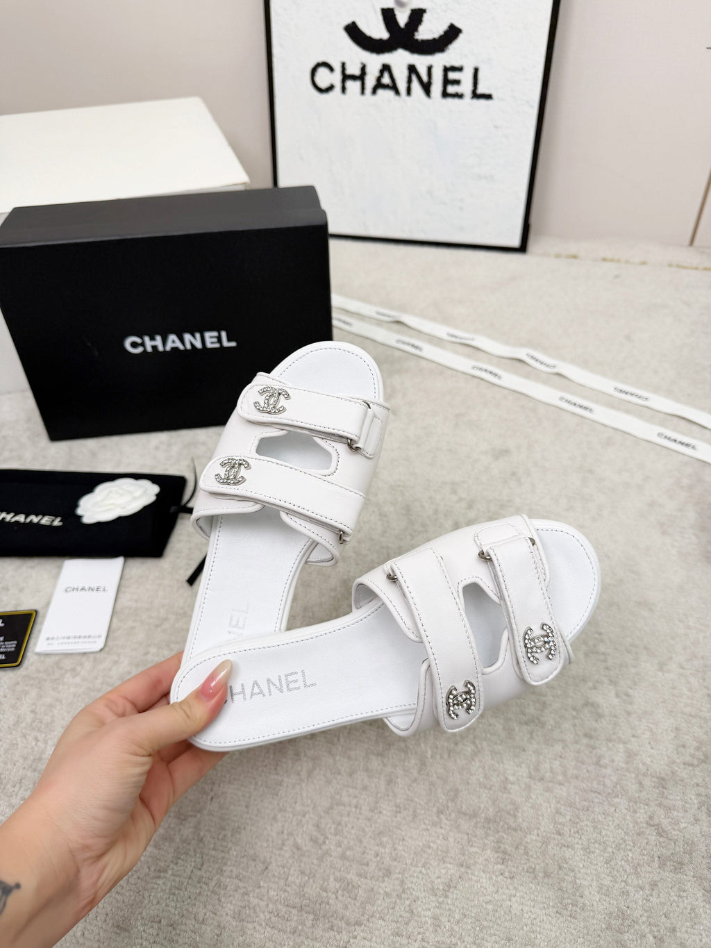 CHANEL 26S DOUBLE STRAP SLIDE SANDALS IN WHITE CALFSKIN