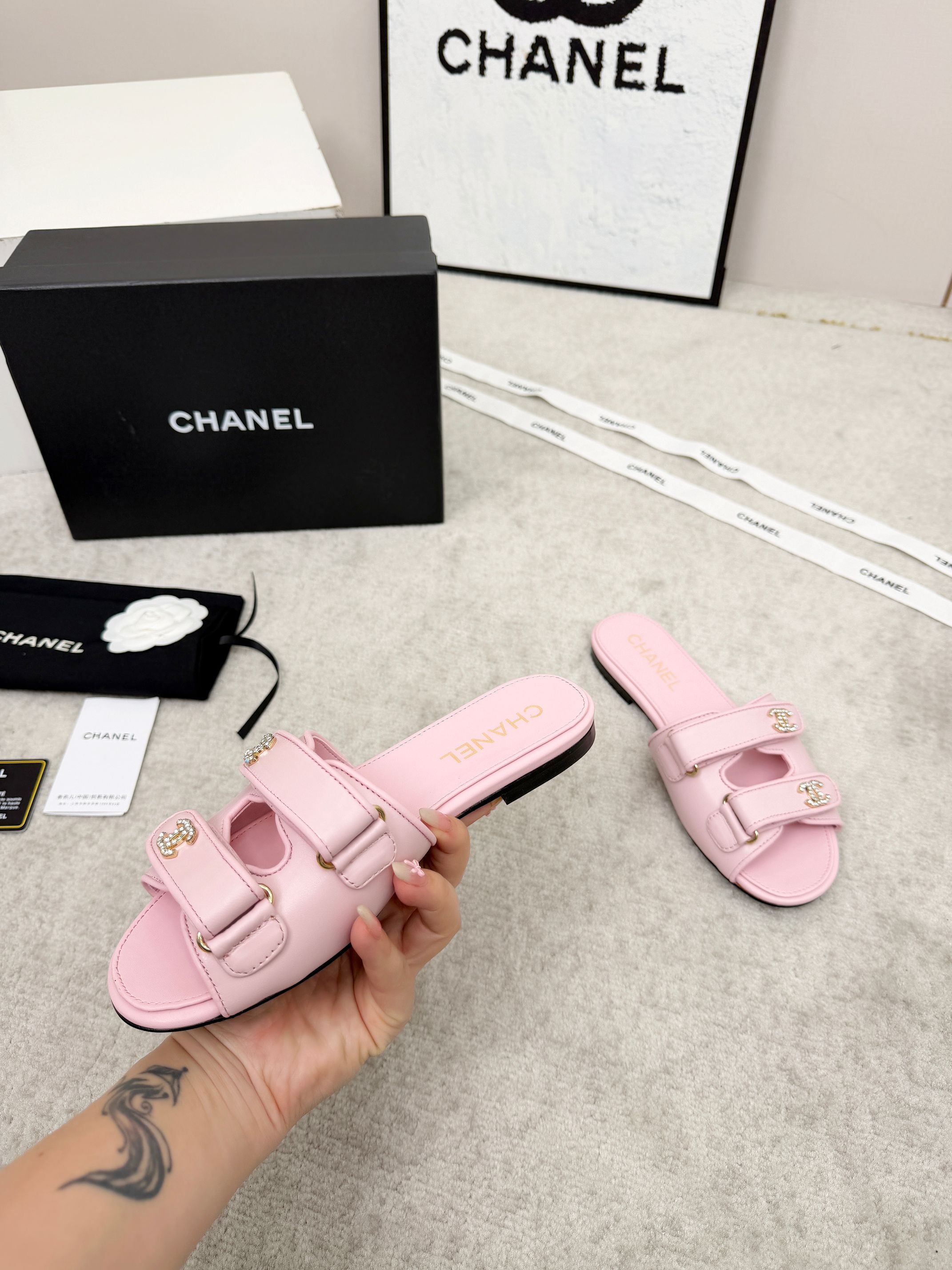 CHANEL 26S DOUBLE STRAP SLIDE SANDALS IN PINK CALFSKIN