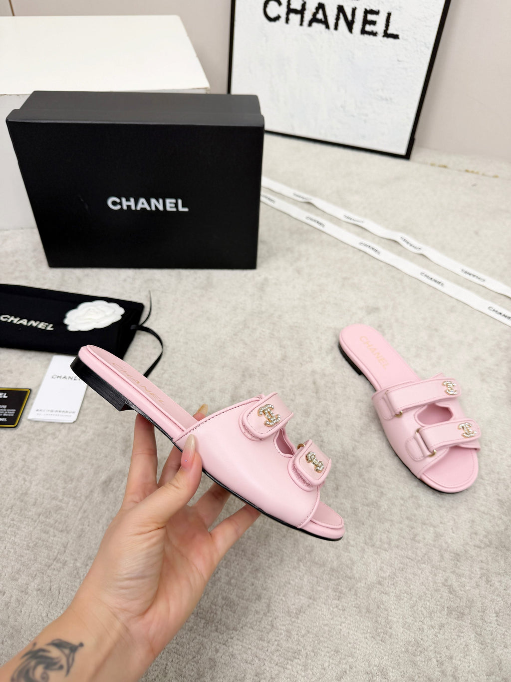 CHANEL 26S DOUBLE STRAP SLIDE SANDALS IN PINK CALFSKIN