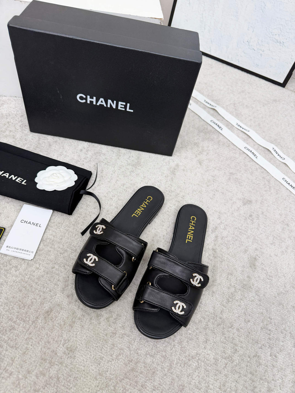 CHANEL 26S DOUBLE STRAP SLIDE SANDALS IN BLACK CALFSKIN