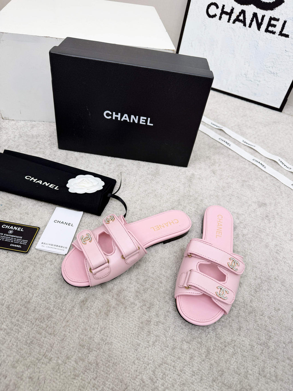 CHANEL 26S DOUBLE STRAP SLIDE SANDALS IN PINK CALFSKIN