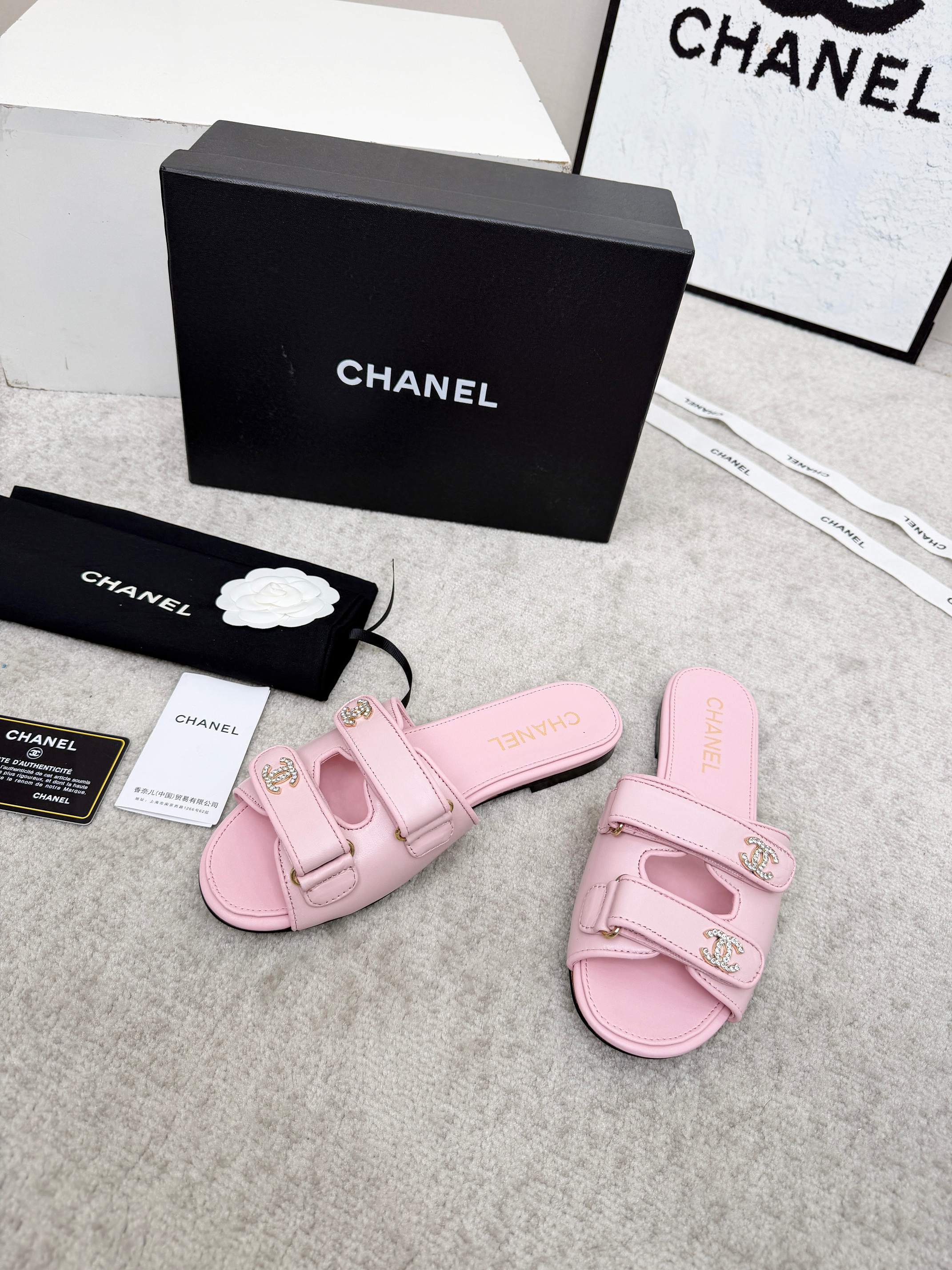 CHANEL 26S DOUBLE STRAP SLIDE SANDALS IN PINK CALFSKIN