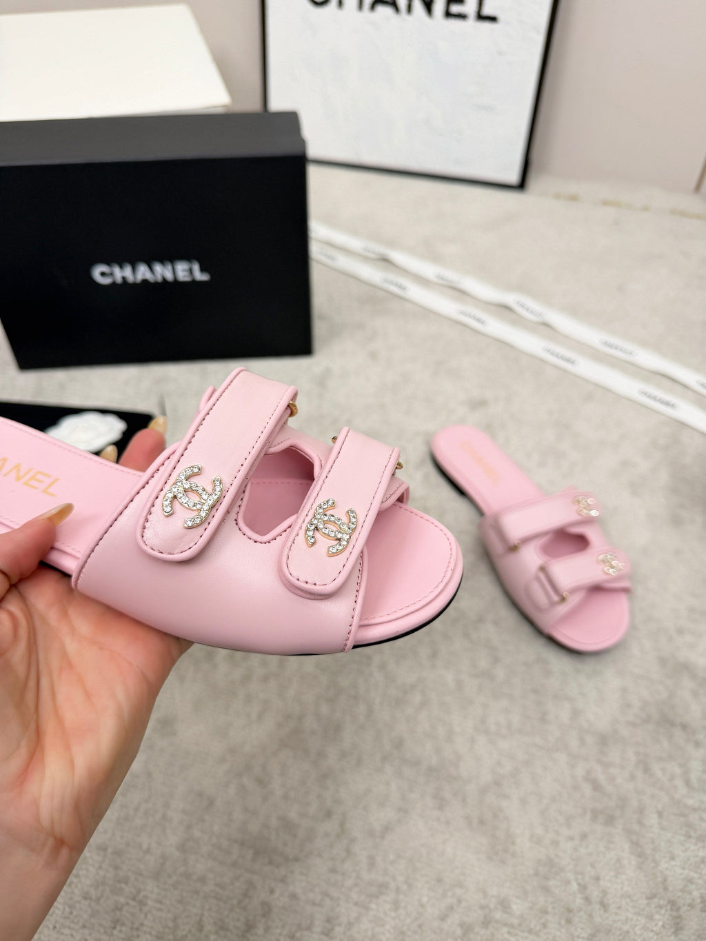 CHANEL 26S DOUBLE STRAP SLIDE SANDALS IN PINK CALFSKIN