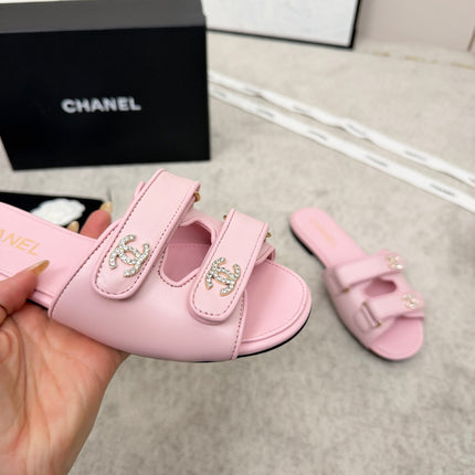 CHANEL 26S DOUBLE STRAP SLIDE SANDALS IN PINK CALFSKIN