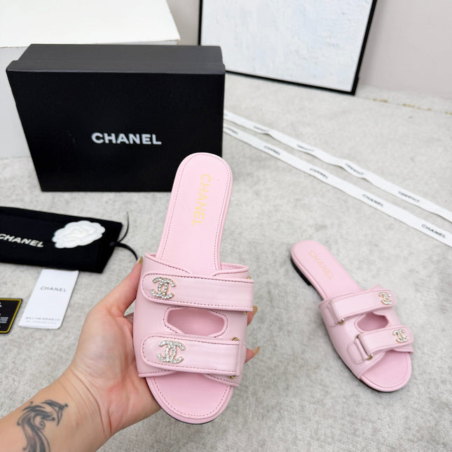 CHANEL 26S DOUBLE STRAP SLIDE SANDALS IN PINK CALFSKIN