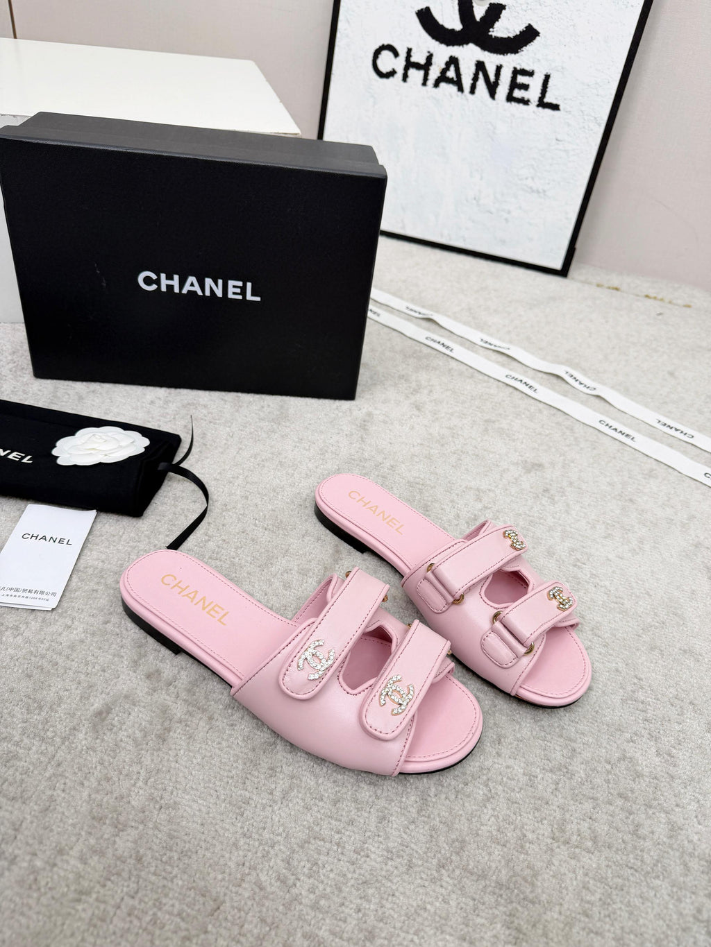 CHANEL 26S DOUBLE STRAP SLIDE SANDALS IN PINK CALFSKIN