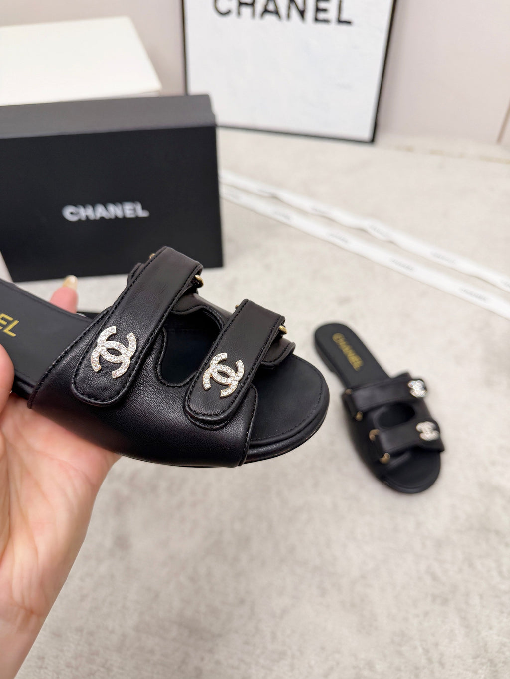 CHANEL 26S DOUBLE STRAP SLIDE SANDALS IN BLACK CALFSKIN