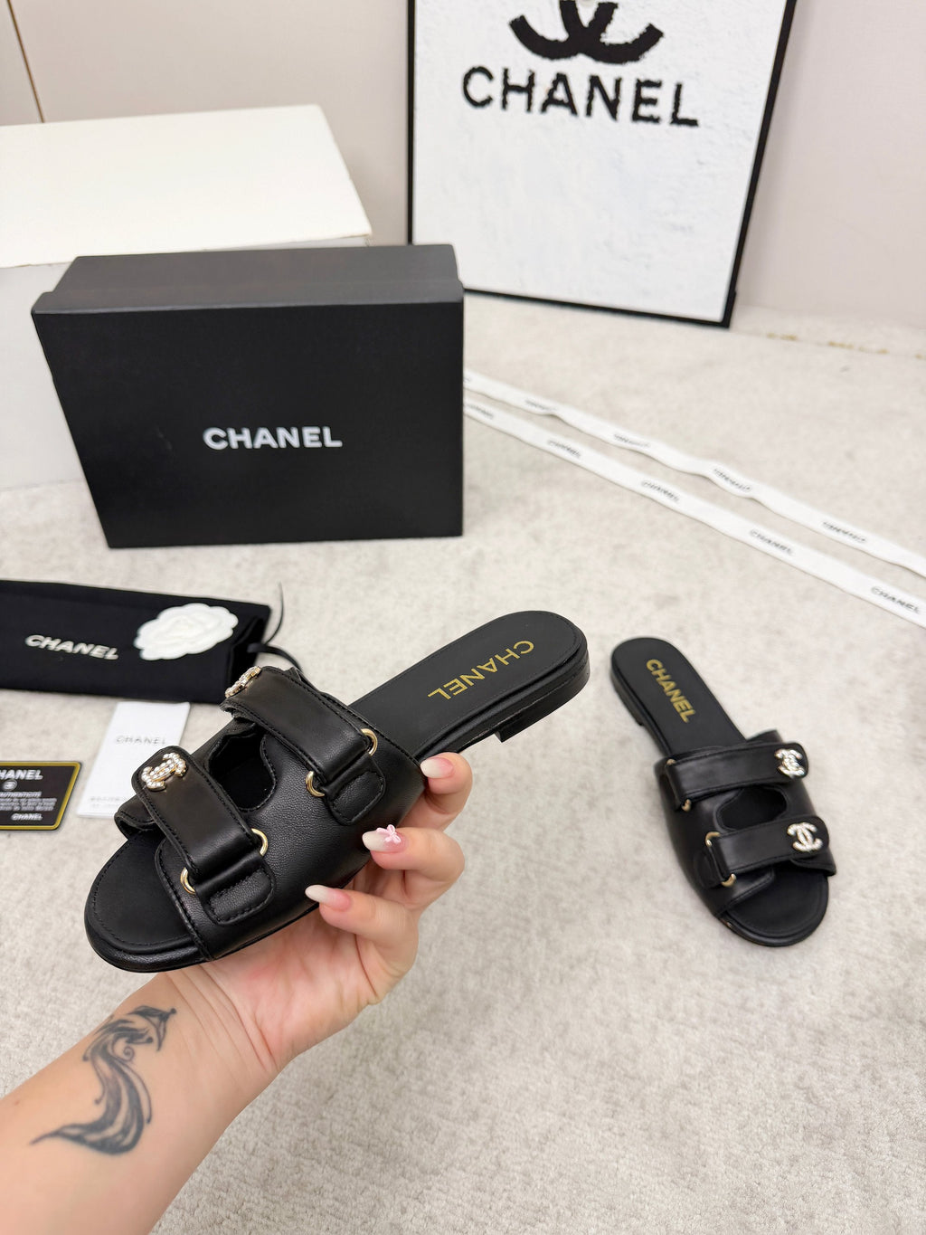 CHANEL 26S DOUBLE STRAP SLIDE SANDALS IN BLACK CALFSKIN