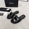 CHANEL 26S DOUBLE STRAP SLIDE SANDALS IN BLACK CALFSKIN