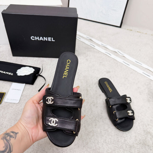 CHANEL 26S DOUBLE STRAP SLIDE SANDALS IN BLACK CALFSKIN