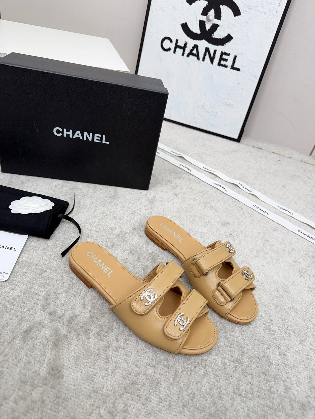 CHANEL 26S DOUBLE STRAP SLIDE SANDALS IN BEIGE CALFSKIN