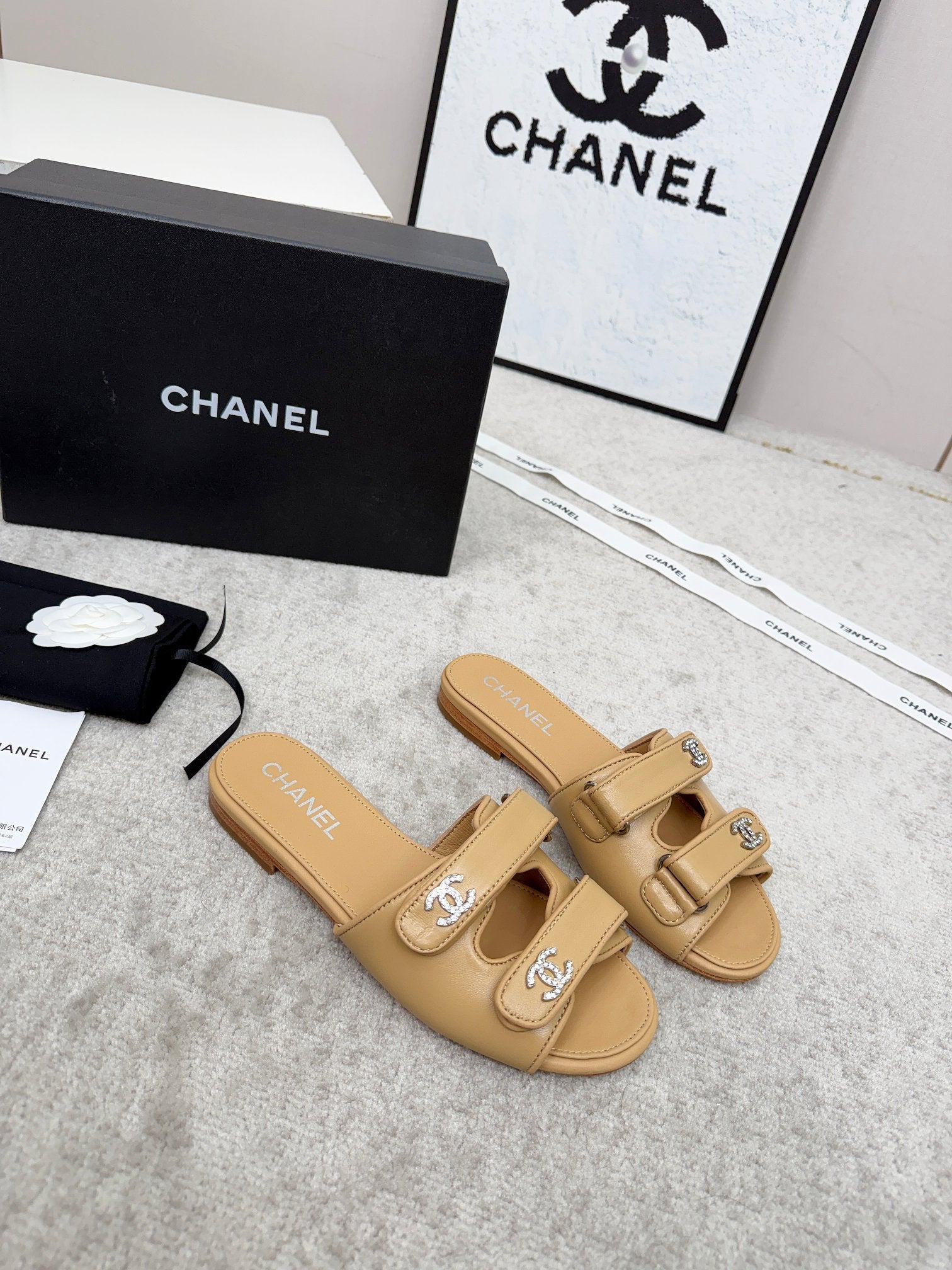 CHANEL 26S DOUBLE STRAP SLIDE SANDALS IN BEIGE CALFSKIN