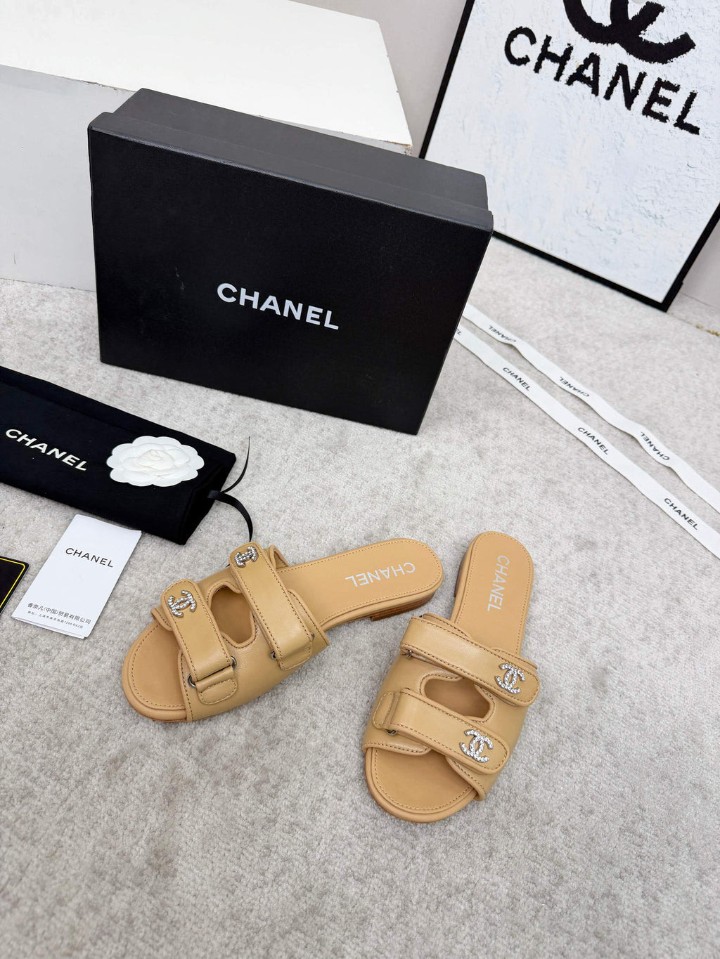 CHANEL 26S DOUBLE STRAP SLIDE SANDALS IN BEIGE CALFSKIN
