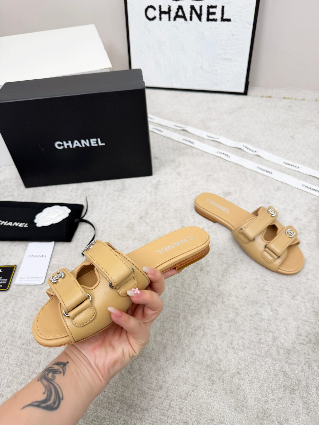 CHANEL 26S DOUBLE STRAP SLIDE SANDALS IN BEIGE CALFSKIN