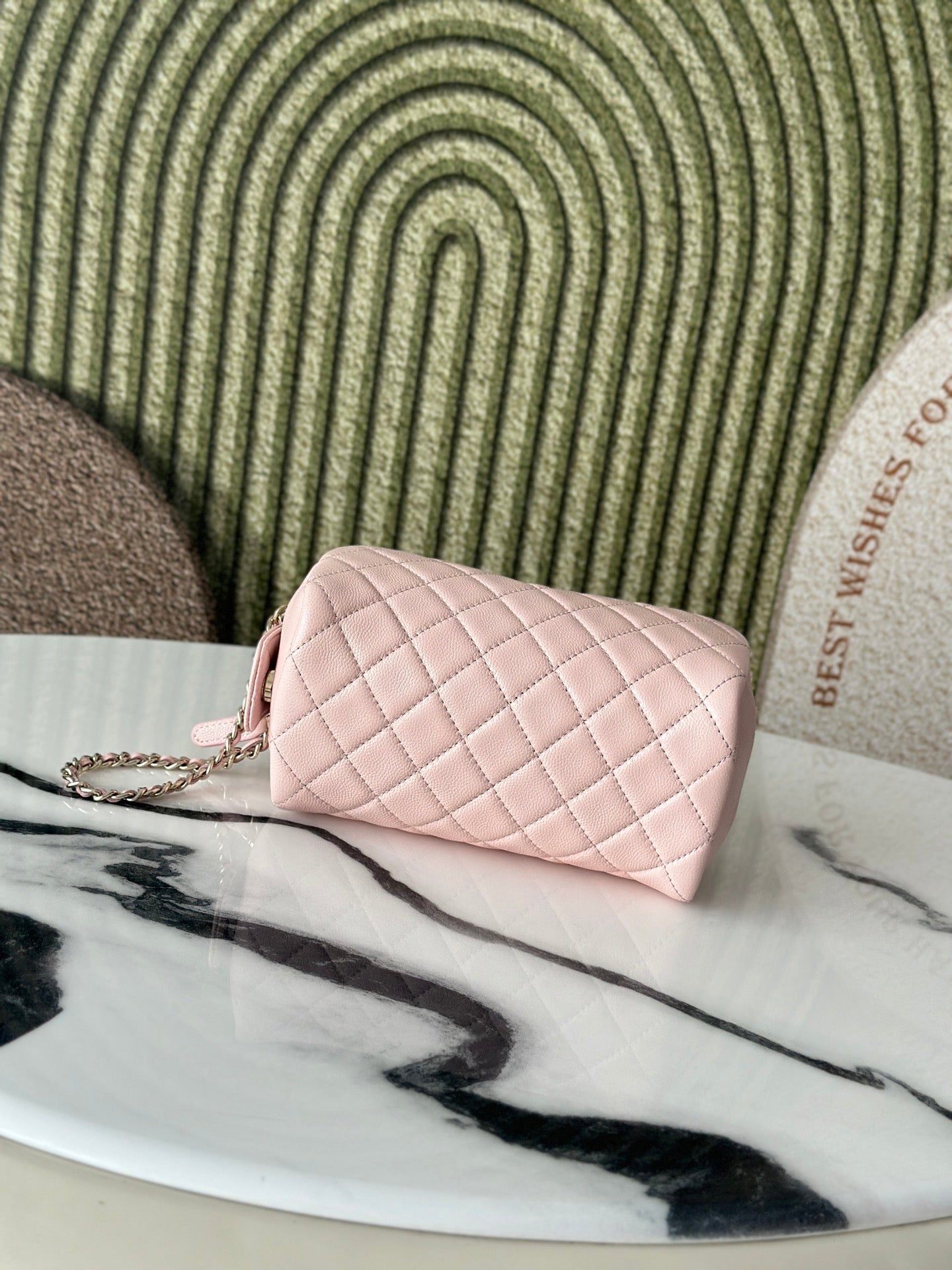 CHANEL 26S CLASSIC QUILTED COSMETIC POUCH 18 IN LIGHT PINK GRAINED CALFSKIN GOLD HARDWARE
