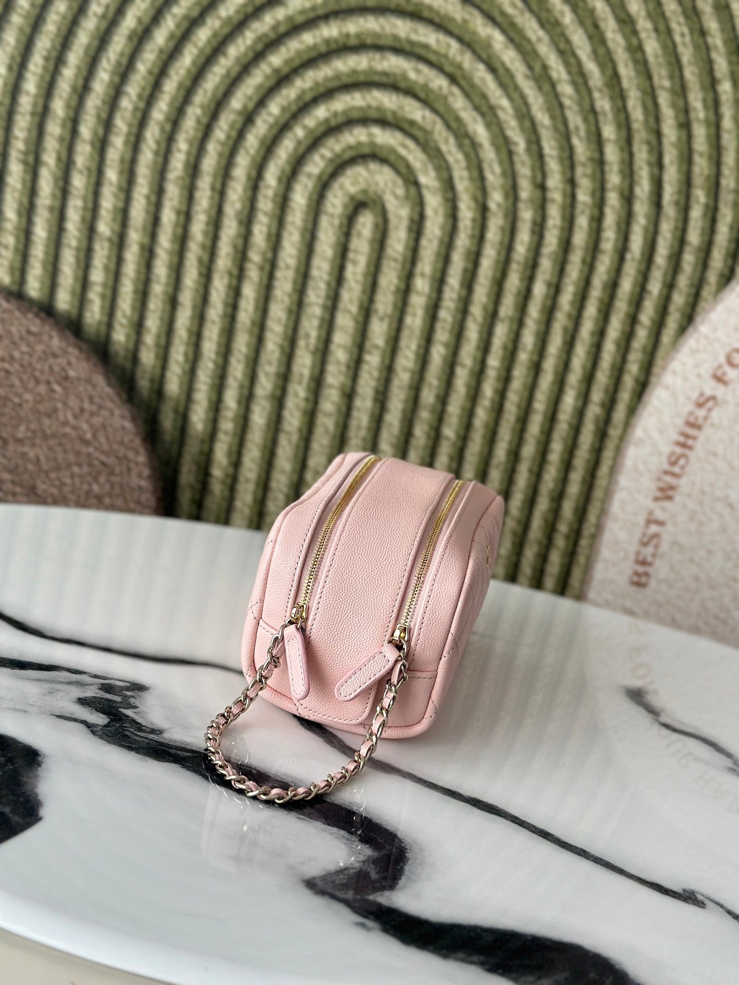 CHANEL 26S CLASSIC QUILTED COSMETIC POUCH 18 IN LIGHT PINK GRAINED CALFSKIN GOLD HARDWARE