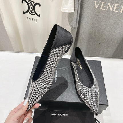 SL NOUR LEOPARD POINT TOE BALLET BLACK CRYSTAL SATIN