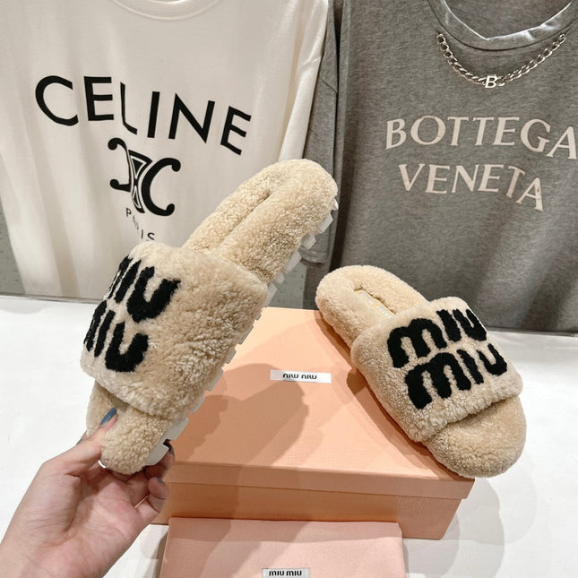 MIUMIU 26S SANDALS IN BEIGE SHEARLING WITH LOGO LETTERING