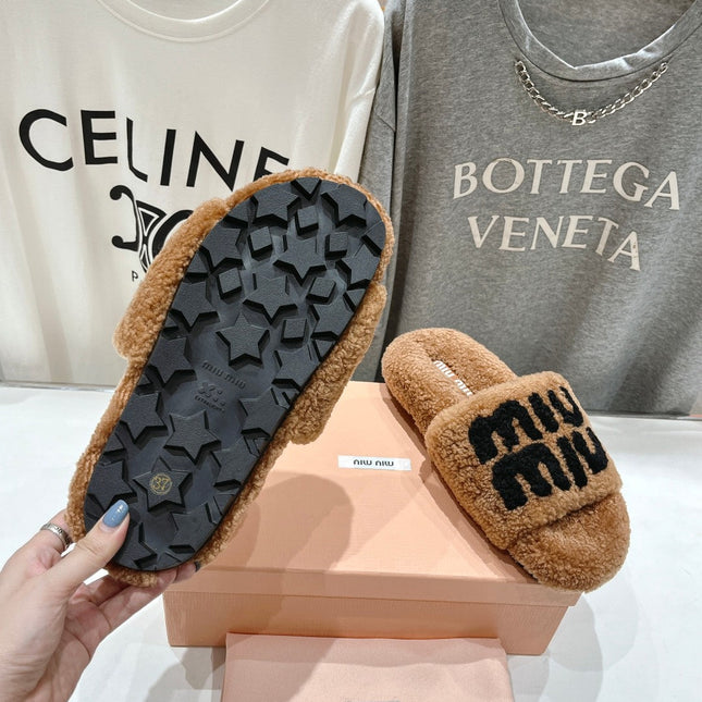MIUMIU 26S SANDALS IN LIGHT BROWN SHEARLING WITH LOGO LETTERING