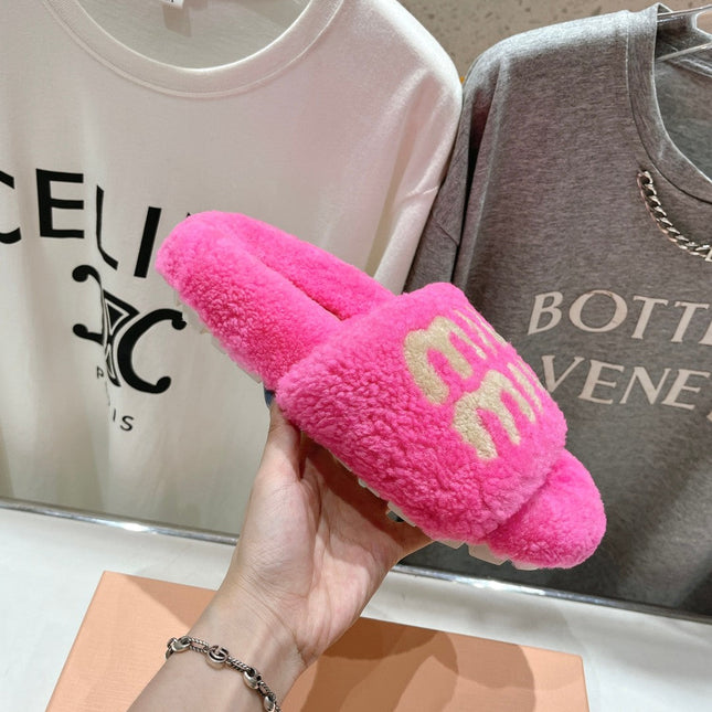 MIUMIU 26S SANDALS IN PINK SHEARLING WITH LOGO LETTERING