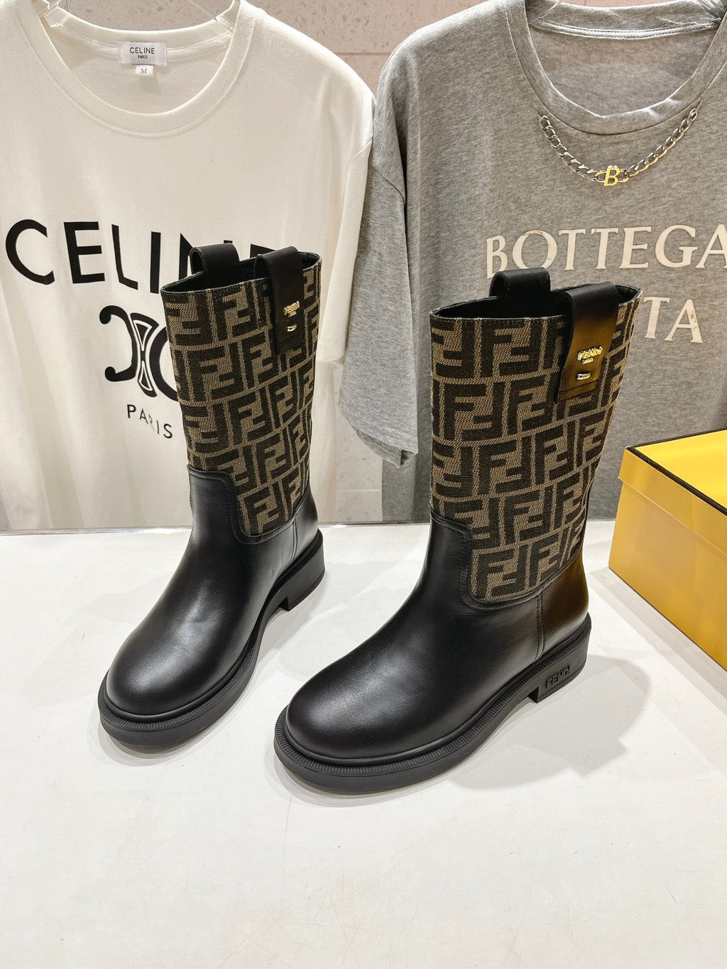 FENDI 25S ANKLE BOOTS IN BLACK COWHIDE AND BROWN CANVAS LOGO EMBOSSING