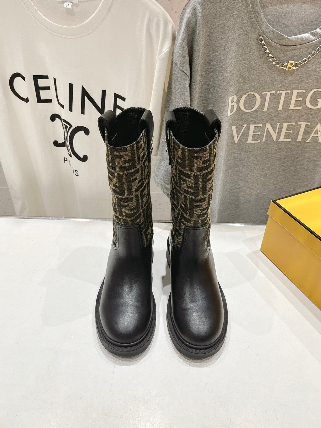 FENDI 25S ANKLE BOOTS IN BLACK COWHIDE AND BROWN CANVAS LOGO EMBOSSING